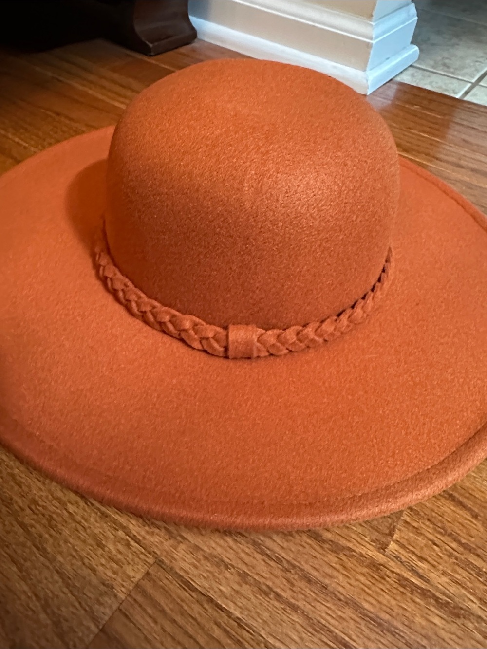 Womens Wide-Brim Braided Wool Felt Hat - Rust Orange
